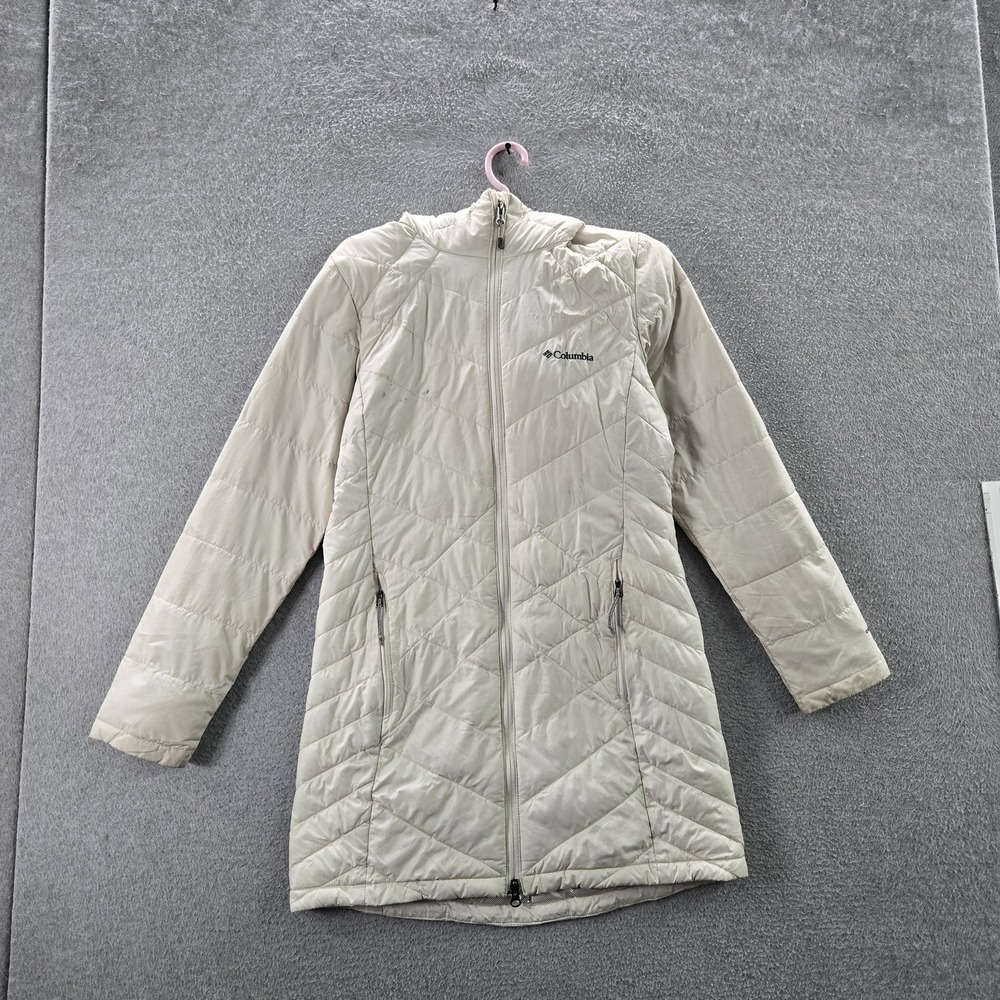 Columbia Women Jacket S Beige Puffer Heavenly Long Hooded Omni-Heat READ
